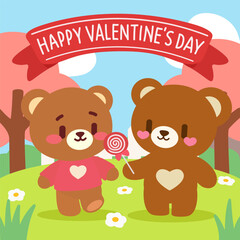 Cute Valentine’s Day Teddy Bears Holding a Lollipop in a Romantic Park. Happy Valentine’s Day Illustration with Two Loving Teddy Bears.