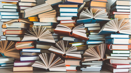 books, open books lie on the table, top view