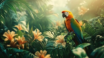 Scarlet Macaw in Tropical Rainforest, Sunrise, Lush Foliage, Exotic Birds, Travel Poster