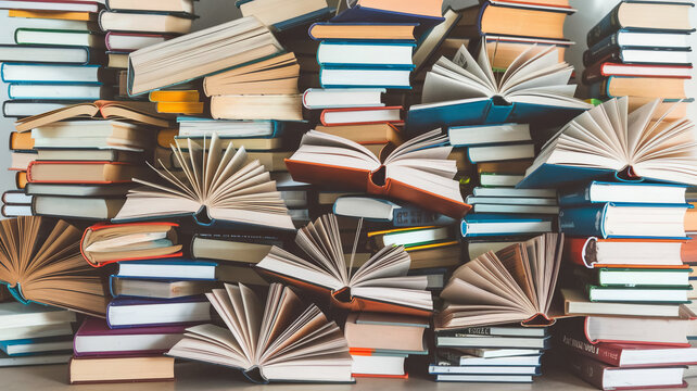 books, open books lie on the table, top view