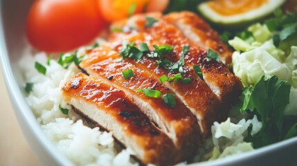 Delicious Grilled Chicken Served on a Bed of Steamed Rice with Fresh Vegetables and a Splash of Citrus Garnish for a Mouthwatering Culinary Experience