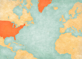 Map of North Atlantic Ocean - USA and Greenland