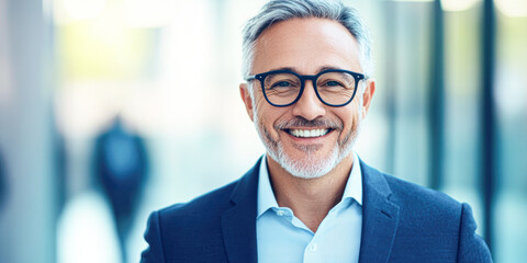 Fototapeta premium Urban office portrait confident smiling man in bright environment