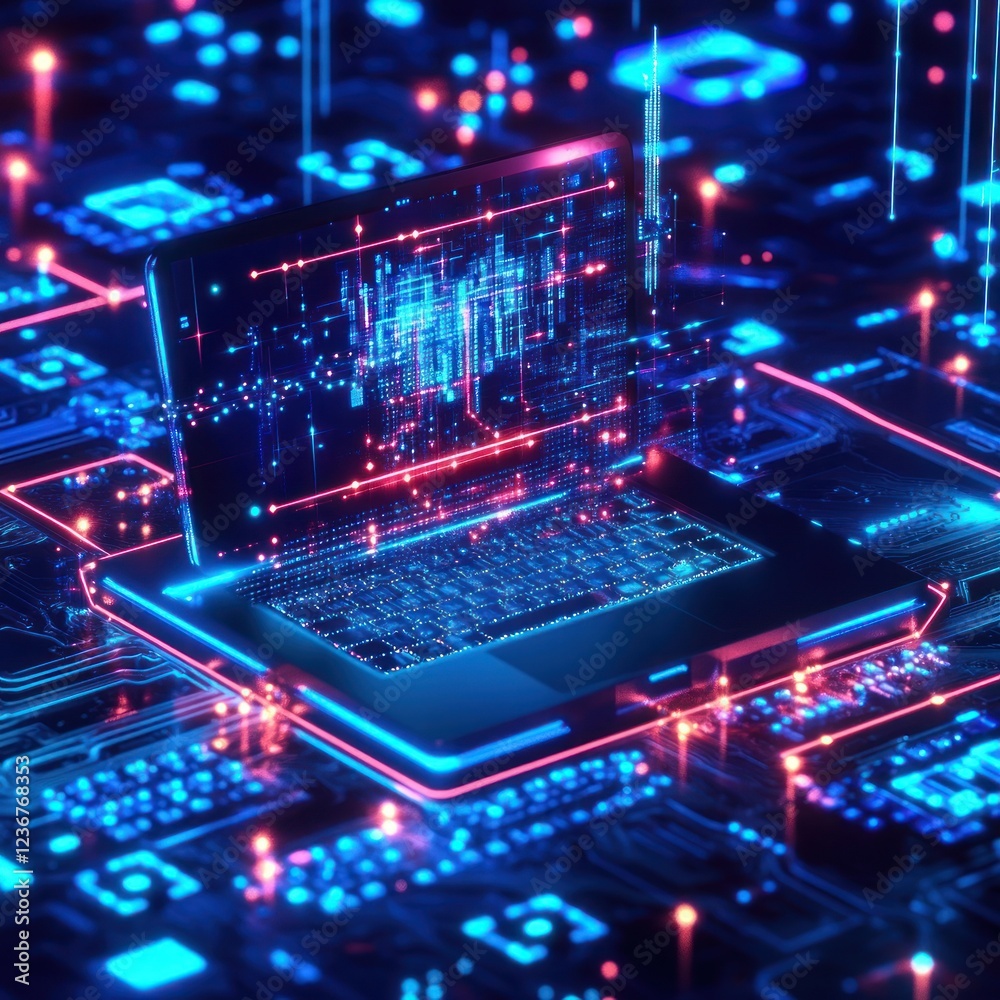 Poster glowing laptop on circuit board with vibrant digital network connection use for tech visuals
