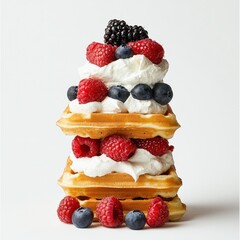 Tall Stack of Waffles with Whipped Cream and Fresh Berries