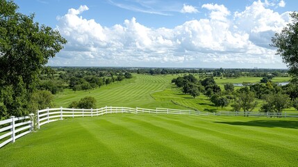 Obraz premium Scenic golf course landscape, sunny day, green fairways, white fence