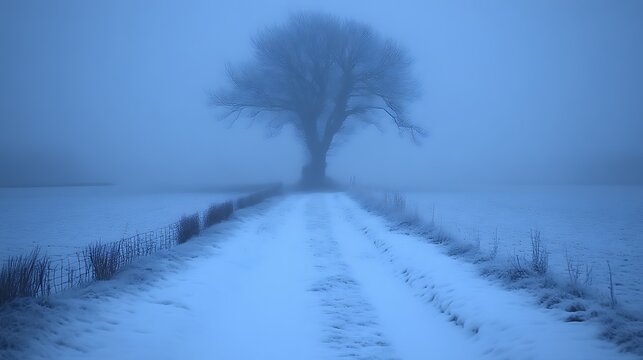 Lonely Tree Winter Landscape Foggy Path