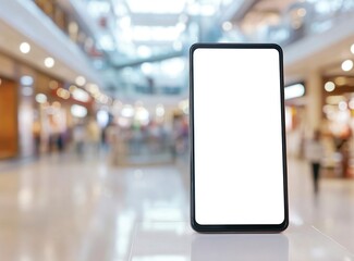 A blank, white digital signage vertical screen in the middle of a blurry, out-of-focus shopping mall background, a mockup template and stock photo contest winner. 