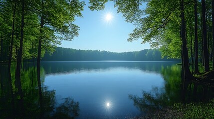 Serene lake warm light trees