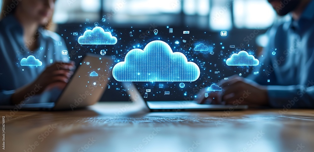 Poster two people using laptops with a digital cloud computing interface.