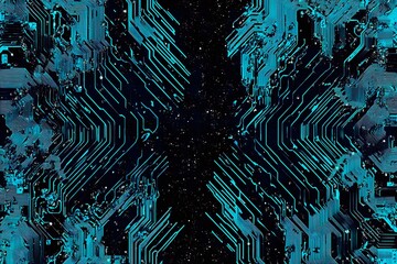 Abstract close-up of a glowing blue digital circuit board, showcasing intricate connections and technological design on a black background.
