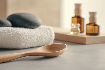 A wooden scoop rests on a smooth surface beside sauna stones, while blurred bottles of scented oils create a serene and calming ambiance perfect for relaxation
