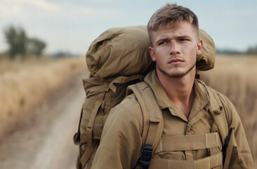 young army recruit carrying a heavy backpack, walking alone along a dirt road with determination in his eyes

