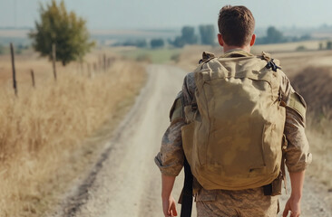 young army recruit carrying a heavy backpack, walking alone along a dirt road with determination in his eyes


