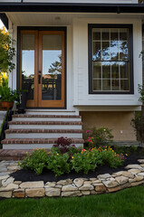 Charming Home Exterior with Brick Steps, Stone Garden, and Wooden Door