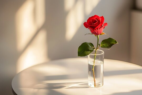minimalist concept of single red rose in a glass on white environment