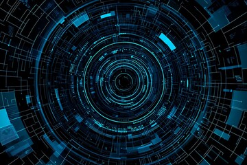 Fototapeta premium Abstract close-up of a glowing blue digital circuit board, showcasing intricate connections and technological design on a black background. 