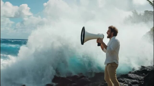 A man with a megaphone stands on rocks by the ocean, waves crashing dramatically nearby.