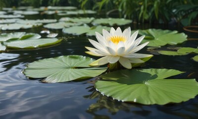 Lush green foliage wraps around a elegant white water lily bloom , water flowers, aquatic plants, natural beauty
