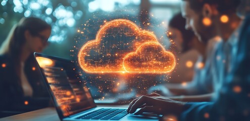 Glowing cloud computing icon hovers over a person using a laptop.