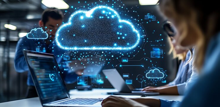 Cloud computing concept with diverse team working on laptops, glowing digital cloud, network, data, and technology.