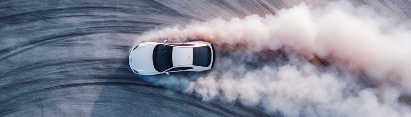 A drifting car skillfully performs a donut, leaving unique tire marks on the ground. Soft-focus smoke spirals outward, highlighting the thrilling motion in a motorsport venue
