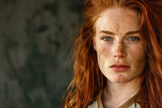 Close up portrait of a determined female mechanic with vibrant red hair, freckles, and captivating blue eyes, conveying strength, skill, and confidence in a mechanical setting