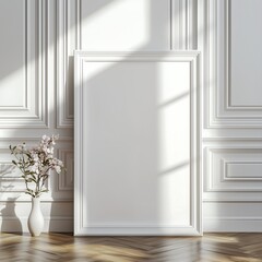 A mockup of an A4 frame leaning against the wall in a modern apartment