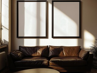 two blank black frames on the wall in a living room