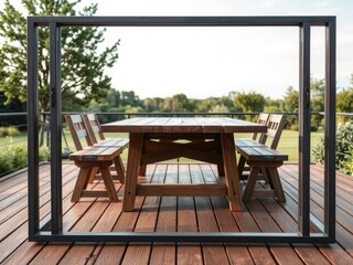 Obraz premium Metal frame surrounding a wooden dining table on a wooden deck with a garden in the background, garden views, natural surroundings, wooden dining tables