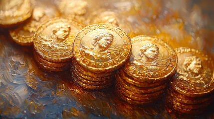 Golden coins, wealth, prosperity, close-up, art background, financial success