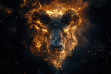 Fiery Ram Head, Dark Background, Fantasy Art, Album Cover.