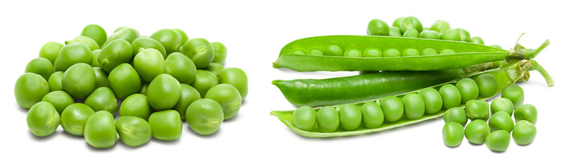 Fresh green pea pods with green peas isolated on white background. clipping path