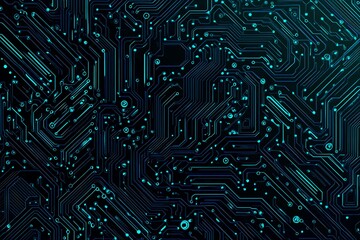 Abstract close-up of a glowing blue digital circuit board, showcasing intricate connections and technological design on a black background.

