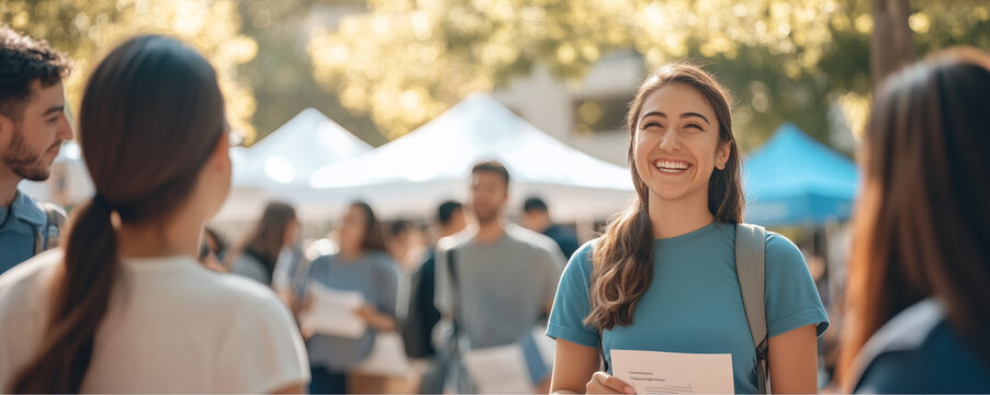 Mental health awareness campaign booth at a college campus, with volunteers handing out informational brochures and talking to students.