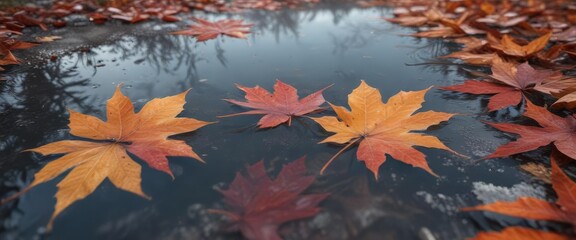 Muted red and orange hues of autumn leaves reflected in a frosty puddle , natural phenomenon, snow-covered ground, puddle reflection