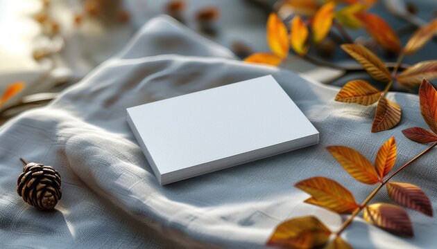 A white business card sits on a table with autumn leaves and pine cones