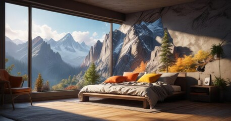 nature-inspired mountain scene in a small room , minimalist, mountains