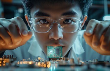 Close-up of a focused technician meticulously examining a circuit board component.
