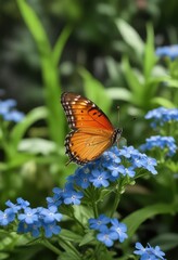 Naklejka premium Orange butterfly landing on a blue forget me not flower in a lush green garden, lush foliage , garden
