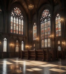 Fototapeta premium Ornate Christian Church Interior with Stained Glass Windows, christian church, stained glass windows, intricate carvings