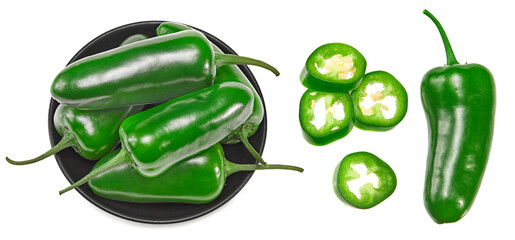 Jalapeno chili peppers isolated on white background Capsicum annuum fruits. clipping path. top view