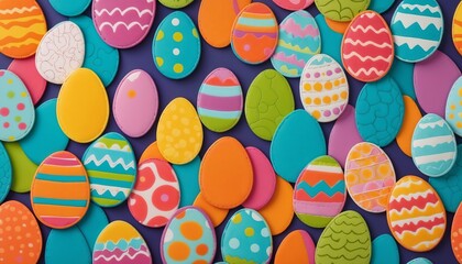 Bright oval shapes showing Easter eggs with different patterns are placed on a bright background, a cheerful and festive atmosphere. DIY crafts