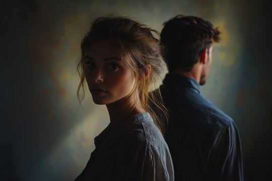 Dramatic portrait of a young couple standing back to back, highlighting emotional distance and relationship difficulties
