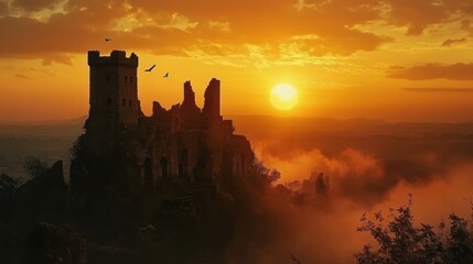 Fototapeta premium Majestic Sunset over a Ruined Castle