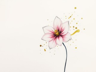 Naklejka premium Ink painting of delicate flower with shimmering gold splashes on textured paper, botanical, texture, oriental