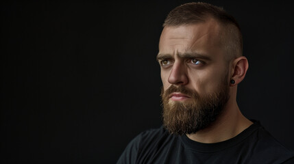 Fototapeta premium Brooding Bearded Man in a Dark Shirt Against a Black Background with a Thoughtful Expression