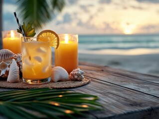 Tropical sunset drinks by the beach oceanfront photography relaxing atmosphere romantic view refreshing vibes