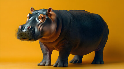 Obraz premium Hippopotamus standing confidently against a solid yellow background exuding strength and presence ultra-detailed high-quality studio portrait with a calm and powerful stance