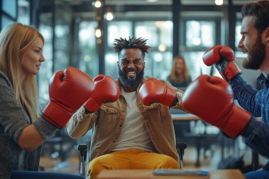 Colleagues wearing boxing gloves playfully sparring, demonstrating healthy competition and teamwork in a modern office environment